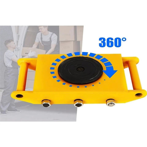 Heavy Duty Machinery Mover Dolly Skates With Six Heavy Duty Rollers 17600 Lbs Load Rating Yellow Industrial Cart top view with 360 degree rotation feature.