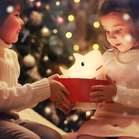 Children unboxing rechargeable cute squishy shark night light for kids and teens soft silicone touch lamp with gentle glow
