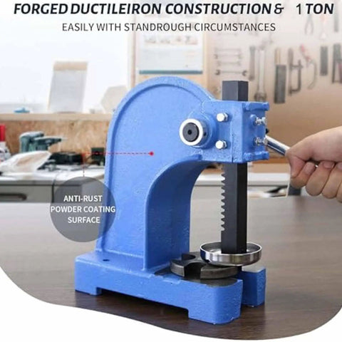 Heavy Duty Manual Arbor Press Packing One Ton Of Real Clout With Adjustable Cast Iron Frame showcasing forged ductile iron, 1 ton force.
