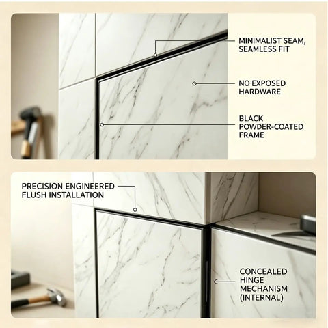 Invisible Tileable Access Panel For Drywall, detailed flush installation with black powder-coated frame and minimalist seam.