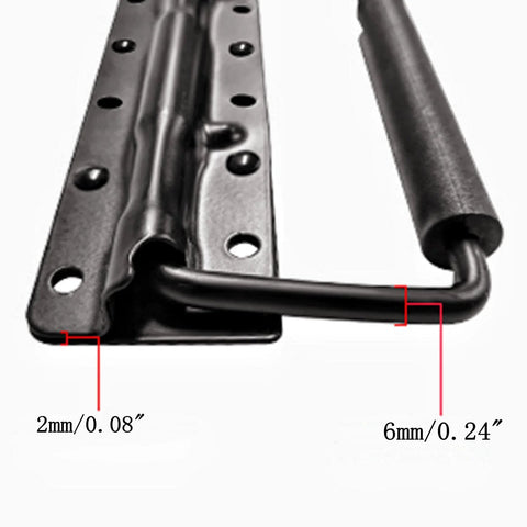 Close-up of spring mechanism in Spring Loaded Case Handle Set Two Pack Heavy Duty Black Surface Mount Chest Handles with dimensions 2mm, 6mm.