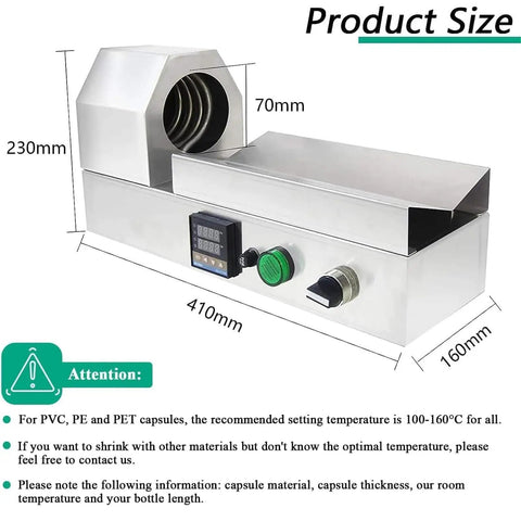 GFJYKDL Digital Thermostatic Heat Sealer For Bottles with size dimensions displayed, stainless steel, designed for efficient shrink wrapping.