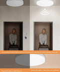 Motion Sensor Ceiling Light Flush Mount 11.8 Inch 18W LED Fixture with daylight sensor in a dimly lit hallway.
