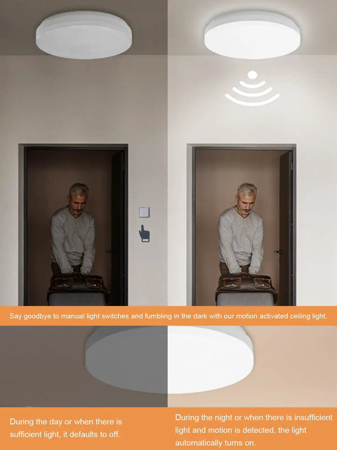 Motion Sensor Ceiling Light Flush Mount 11.8 Inch 18W LED Fixture with daylight sensor in a dimly lit hallway.