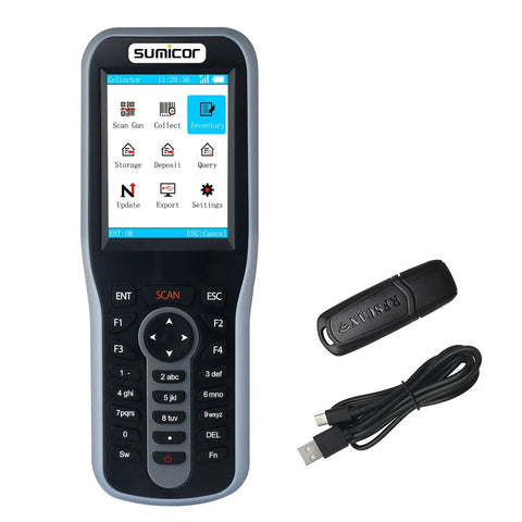 Pro Grade 1D Wireless CCD Barcode Scanner All In One With 2.8 Inch Color LCD Screen For Warehouse Inventory Management No Extra Software Needed Real Time Stock Tracking Excel Database Import On Device Easy Data Display And Reporting showing front view with USB and cable