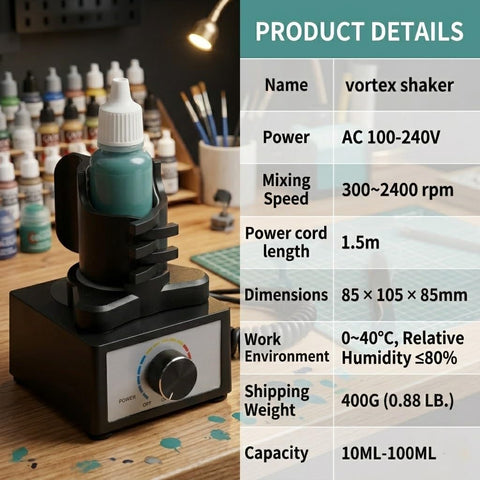 Vortex Mixer For Lab And Model Paint Shaker Auto Hands Free With Three Speed Settings From 300 To 2400 RPM Electric Industrial Lab Mixer For Acrylics Pigments And Test Tubes Beefed Up Performance, black base with 10-100ml clamp