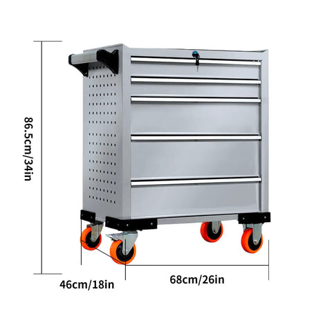 Rolling Tool Cabinet with Lock, 5-Drawer Mobile Tool Chest for Garage, Warehouse and Workshop, Heavy Duty Steel Cabinet with PU Wheels, Large Capacity Storage Organizer, 86.5cm x 68cm x 46cm