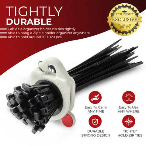 Two Pack Zip Tie Organizer Holders With Twenty 8 Inch Black Cable Ties, durable design with fast access pull out feature.