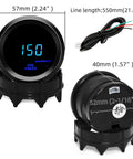 Front and rear view of MAIMEIMI 2-inch oil pressure gauge with sender kit, blue LED display, for 12V car, black.