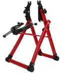 Red Bike Wheel Truing Stand With Ruler And Thimble, Foldable Aluminum Alloy Build, Compact Repair Tool for 24-28 Inch bikes.