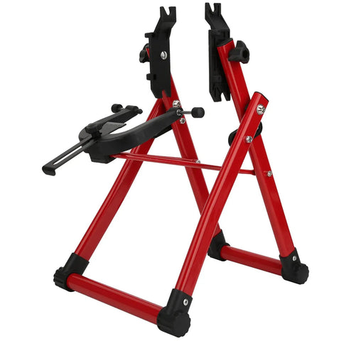 Red Bike Wheel Truing Stand With Ruler And Thimble, Foldable Aluminum Alloy Build, Compact Repair Tool for 24-28 Inch bikes.