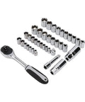Close-up of ratchet and sockets from 173 Piece General Household Hand Tool Set With Portable Storage Case For Easy DIY Home Repairs