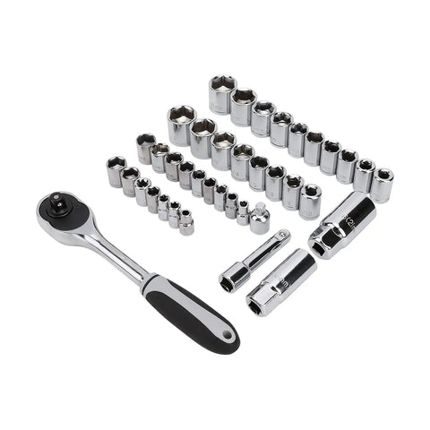 Close-up of ratchet and sockets from 173 Piece General Household Hand Tool Set With Portable Storage Case For Easy DIY Home Repairs