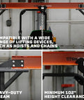 Adjustable Gantry Crane Frame For Lifting Up To 2 Ton Portable Shop Hoist With Locking Wheels Height Adjustable To 12 Feet Durable Steel Construction 4000 Lb Capacity Frame Only, showing I-beam and chains in industrial setting.