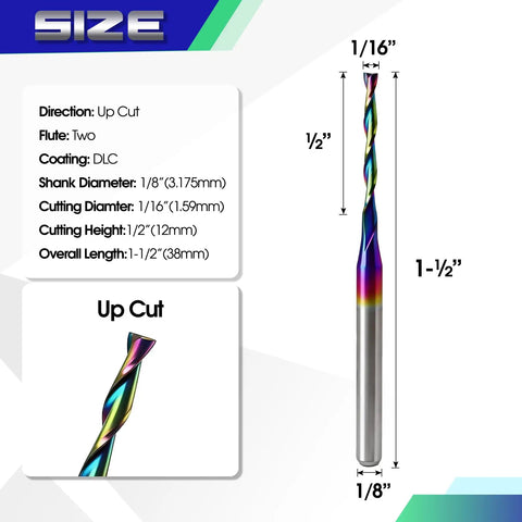 10 Pcs Pro Grade DLC Coated CNC Router Bit Set For Wood And PVC Engraving, 1/8 In Shank Upcut End Mills, Solid Carbide Two Flute Spiral Milling Cutters, 1/16 In Cutting Diameter, 1/2 In Cutting Height, 1-1/2 In Total Length diagram