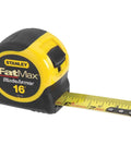 Fat Max 16 Ft Tape Measure with 1 1/4 In Blade, ABS Case, Power Return, black, heavy-duty tape measure on white background.