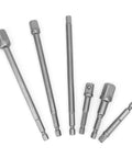 Drive Extension Bar Set For Electric Ratchet Wrench, Six Piece Vanadium Steel Extension Bars With Varied Lengths From 2.6 In To 5.9 In, Rust Resistant And Durable, Heavy Duty Hardware Tool Kit For Diy And Mechanic Projects displayed on a white background.