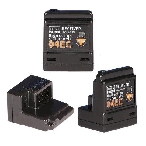 4CH 2.4GHz RC Receiver With SBUS2 And 8.4V High Voltage Internal Antenna showing three different views, compact design.