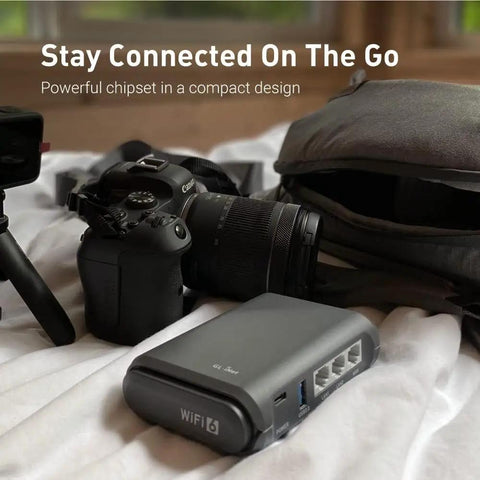 Pocket WiFi 6 Travel Router with VPN 1800 Mbps near camera and backpack on bed
