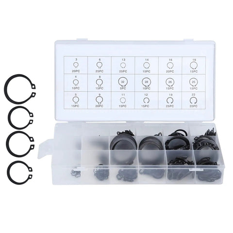 300 Piece External E Clip Kit Snap Ring Assortment 2mm To 32mm in plastic case with organized compartments, for machinery use