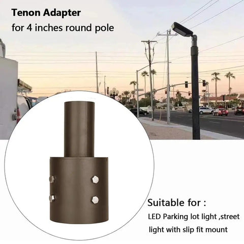 4 Inch To Two And Three Eighths Inch Round Tenon Adapter For Outdoor Lighting Poles In Bronze, Bullhorn Mount Bracket Kit With Slip Fitter Reducer For Exterior Fixtures, Heavy Duty Powdered Metal Steel Construction