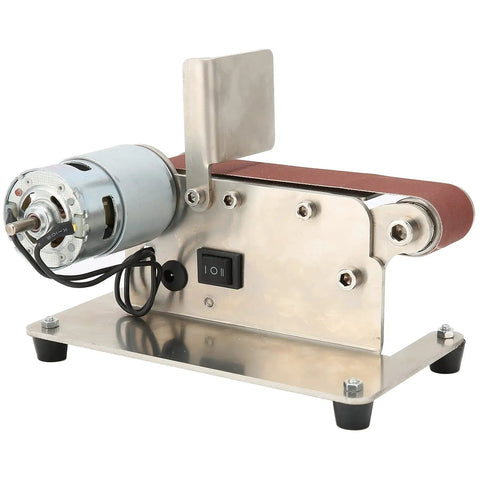 Fafeicy 200W Mini Belt Sander With Adjustable Speed 9000Rpm And Durable Brass Core Motor on a metal base with sanding belt.