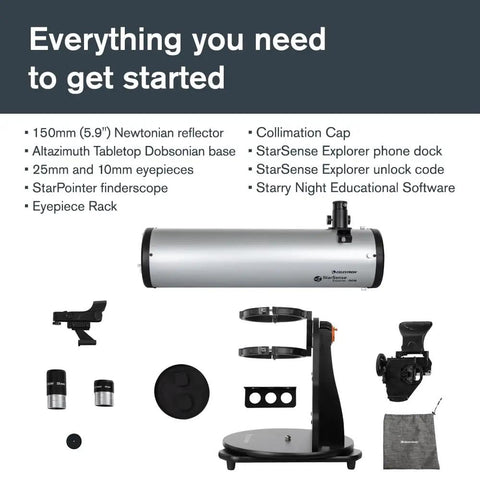 Components of StarSense Explorer 150AZ App Enabled Telescope With 150mm Tabletop Dobsonian Smartphone Dock And StarSense App Guided Sky Tour