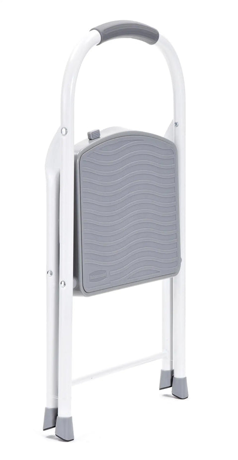 One Step Steel Folding Step Stool With Hand Grip And Traction Molded Steps, folded, white, lightweight, sturdy, ANSI safety tested