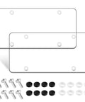 Clear Universal License Plate Cover Set 2 Pack 12.08 X 6.02 Inches with screws spacers caps displayed with hardware