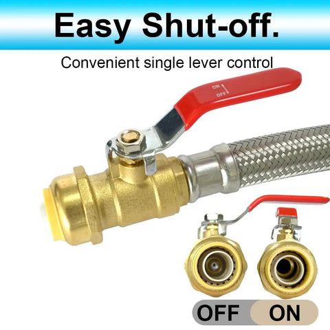 Flexible Water Heater Connector Kit With 24 Inch Stainless Steel Braided Hose And Integrated Three Quarter Inch Ball Valve FIP Push