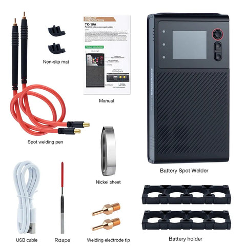Portable Spot Welder With 1.8 Inch LCD Screen Dual Pulse Welding Machine For 18650 Battery Packs and accessories displayed