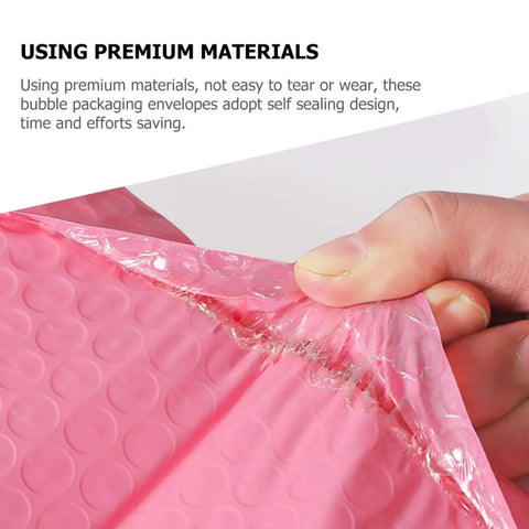 Close-up of self-sealing edge on pink bubble mailer envelopes 11x15 plus 4 inch padding, showing tear-resistant material