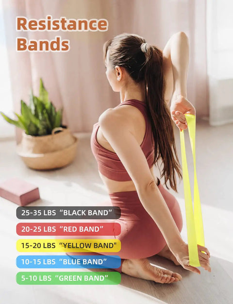 Woman exercising with a yellow resistance band, part of the All In One Pro Grade Agility Ladder Set For Football Training with 4 resistance bands.