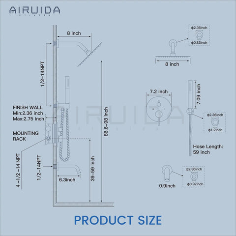 Diagram of Three Function Rain Shower System With Handheld And Tub Spout Wall Mount Combo in Matte Black showing dimensions