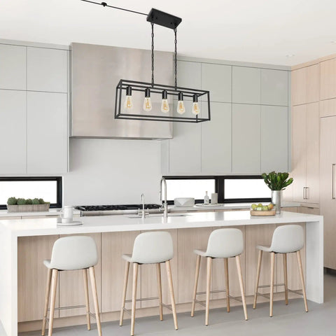 Modern Farmhouse Linear Chandelier In Matte Black For Kitchen Island And Dining Room, Industrial Rectangular Light Fixture In Kitchen