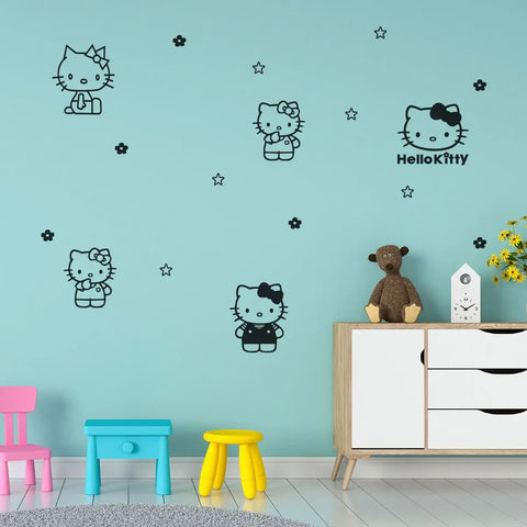Cute Kids Room Removable Wall Decal Sticker Art 7x9 Inch Vinyl Peel And Stick featuring kitty designs on a blue wall in playroom