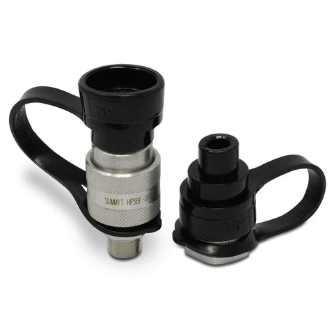 Summit Hydraulics 3/8-inch high-pressure hydraulic quick coupler set with dust caps, two fittings.