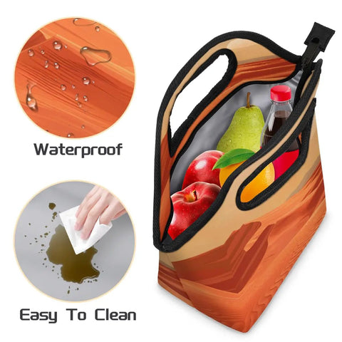 Sunset Insulated Lunch Tote Bag Portable Lunch Box with apples and bottle visible, showcasing waterproof and easy-to-clean features.