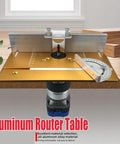 Rock Solid Aluminum Router Table Insert Plate 9.4 By 7.9 Inches With Clear Safety Cover For Precision Woodworking, installed on workbench.