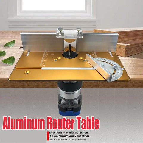 Rock Solid Aluminum Router Table Insert Plate 9.4 By 7.9 Inches With Clear Safety Cover For Precision Woodworking, installed on workbench.