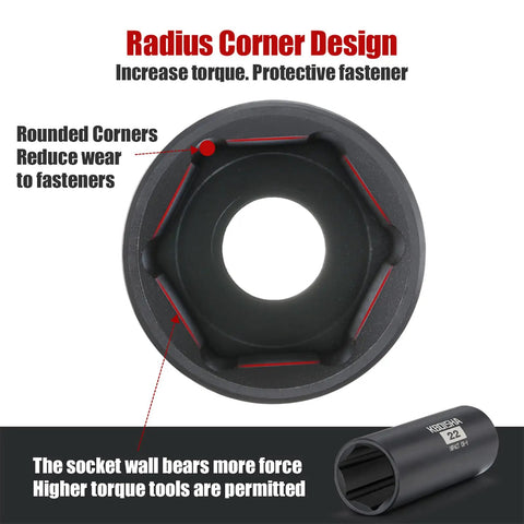 Radius corner design detail of Half Inch Drive Master Impact Hex Driver Set 20 Piece SAE And Metric Socket Kit, focus on wear reduction.