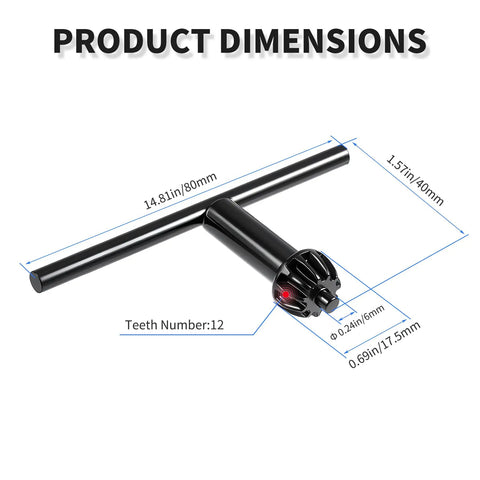 Heavy Duty Drill Chuck Key With 6mm Head For 1.5 To 13mm Drill Chucks shown with dimensions and details of use design.