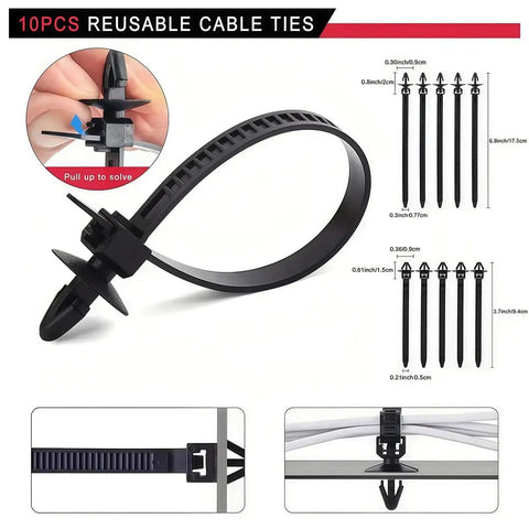 10PCS reusable cable ties black nylon with push mount clip and pull release, size shown for wire and panel fastening