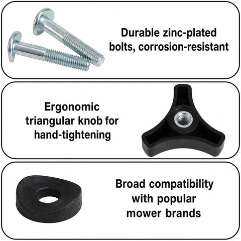 Heavy Duty 2-Pack Lawn Mower Handle Kit Featuring Premium Zinc Plated Bolts And Durable Triangle Handles With Extra Gaskets For A Snug Fit, Rust Free Finish, And Smooth Operation On All Tractors Keeps Your Ride Running Crisp., zinc bolts, triangle knob, gasket