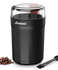 One Touch Coffee Grinder With Stainless Steel Blades For Beans Spices And Dry Grinding Adjustable Coarse To Fine Safety Lid Includes Cleaning Brush And Scoop Quick Grind 180W 30,000 RPM 2.3 Oz Capacity, black grinder with clear lid, scoop and brush beside coffee beans on white background