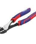 WORKPRO 8-inch high-leverage diagonal pliers, side view with red and blue grips, CRV steel.