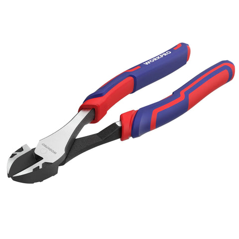 WORKPRO 8-inch high-leverage diagonal pliers, side view with red and blue grips, CRV steel.
