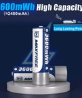 Three 3600mWh AA batteries with long-lasting power highlighted, showcasing 8 Pack Rechargeable AA Batteries With Charger 1.5V 3600mWh Lithium Double A LED Display High Capacity Power For Cameras Toys Remotes Long Lasting Recharge Up To 2500 Cycles
