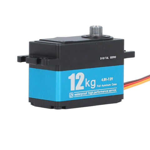 Heavy Duty Digital Servo Motor With 12kg Torque And 90 Degree Sweep featuring waterproof aluminum casing and precise control for RC vehicles.