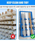 Beefy Vertical Long Parts Storage Rack With 3,000 Lb Capacity For Pipes And Lumber, Blue organizer in a workshop setting
